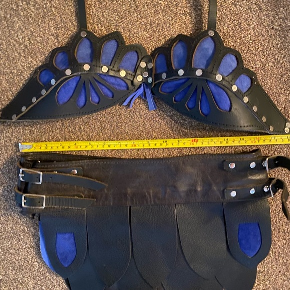 Leather blue and black handmade halter bra and belt/skirt - Picture 2 of 7